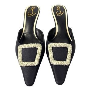 Sam Edelman Brit Kitten Heel Mule – Black Satin with Crystal Buckle – Size 7.5